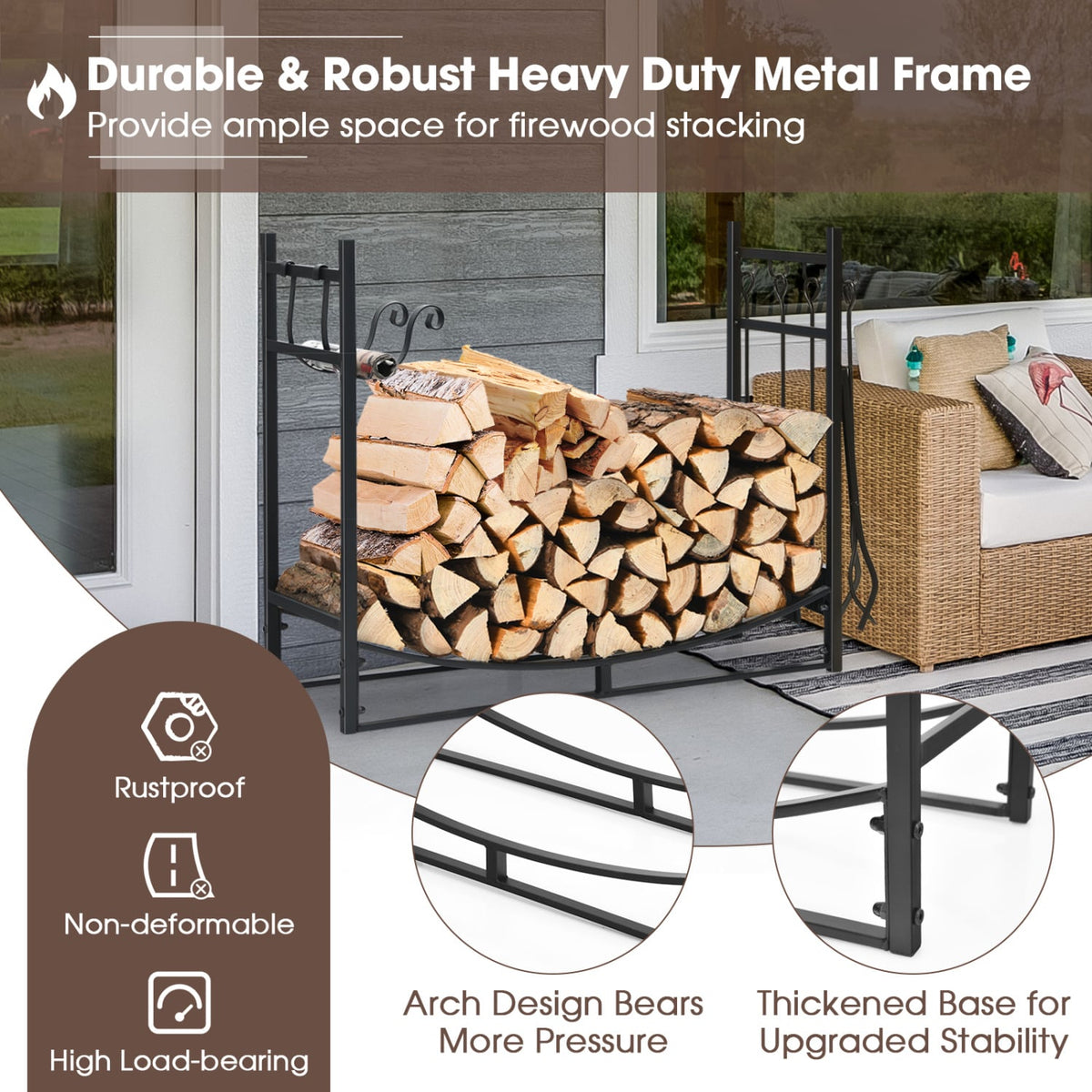 36 Inch Fireplace Log Holder with Kindling Holders and Shovel-Log Racks & Carriers-DECOROLALA