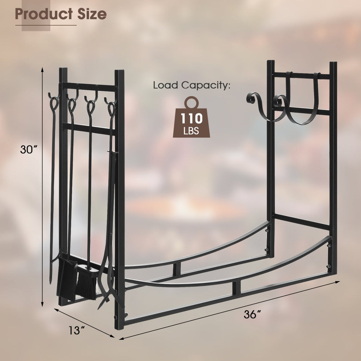 36 Inch Fireplace Log Holder with Kindling Holders and Shovel-Log Racks & Carriers-DECOROLALA
