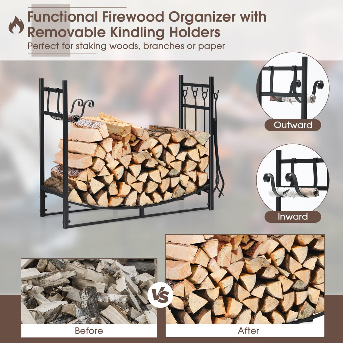 36 Inch Fireplace Log Holder with Kindling Holders and Shovel-Log Racks & Carriers-DECOROLALA