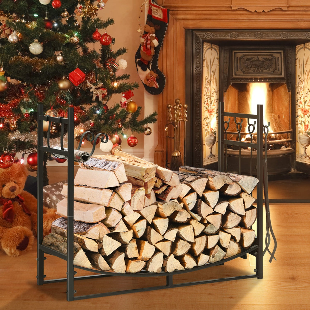 36 Inch Fireplace Log Holder with Kindling Holders and Shovel-Log Racks & Carriers-DECOROLALA