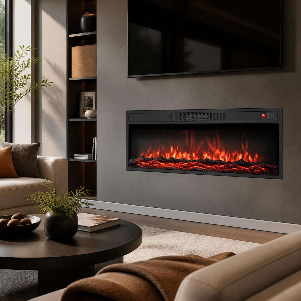 36 Inch Recessed Electric Fireplace Heater with Adjustable Flame Colors & Brightness-Fireplaces-DECOROLALA