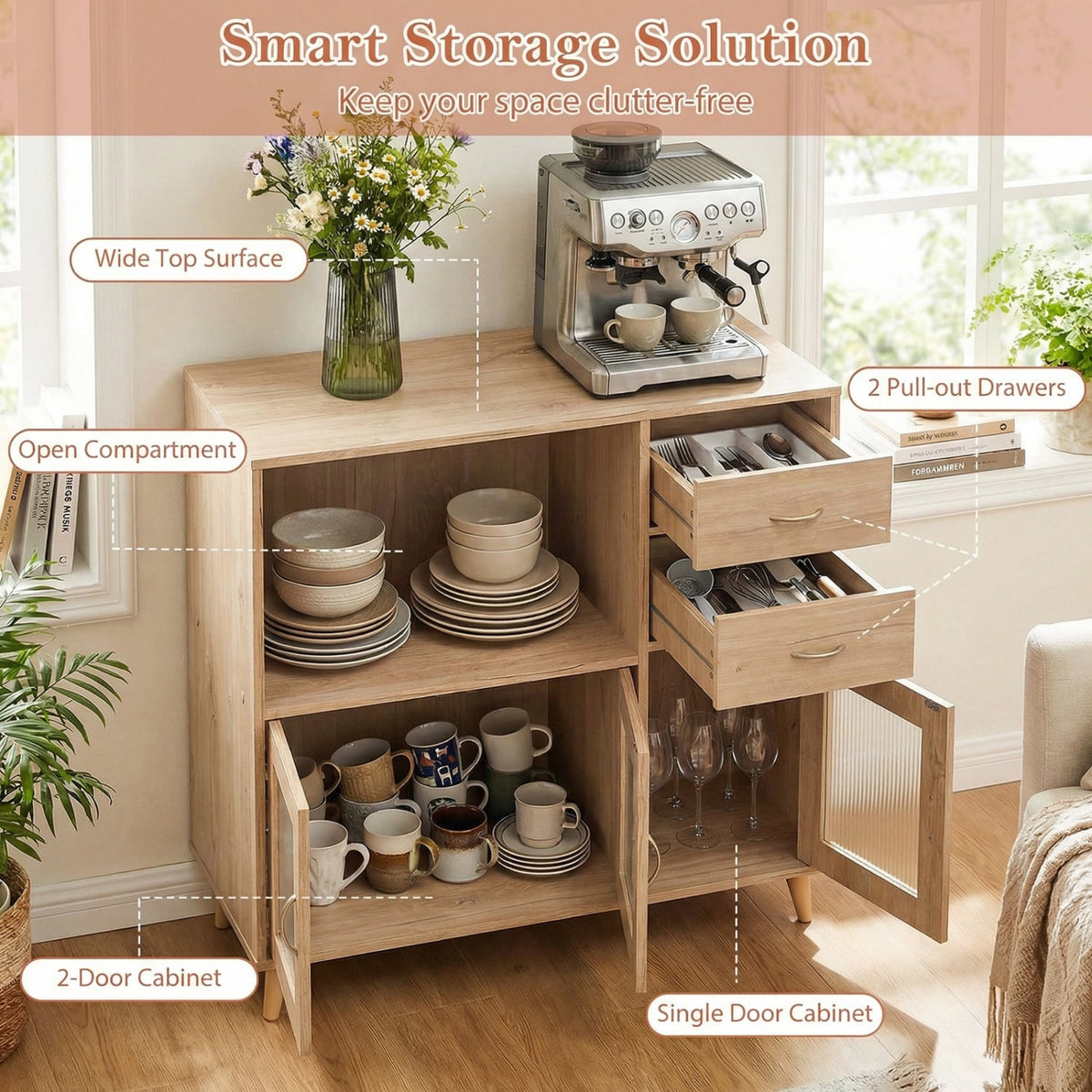 36 Inch Sideboard Buffet Cabinet with Open Compartment-Natural-Sideboards & Buffets-DECOROLALA