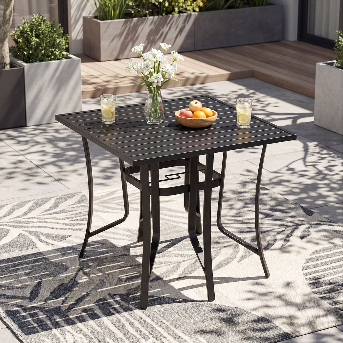 36 Inch Square Patio Table for 4 Metal Dining Table with Umbrella Hole-Black-Patio Dining Tables-DECOROLALA