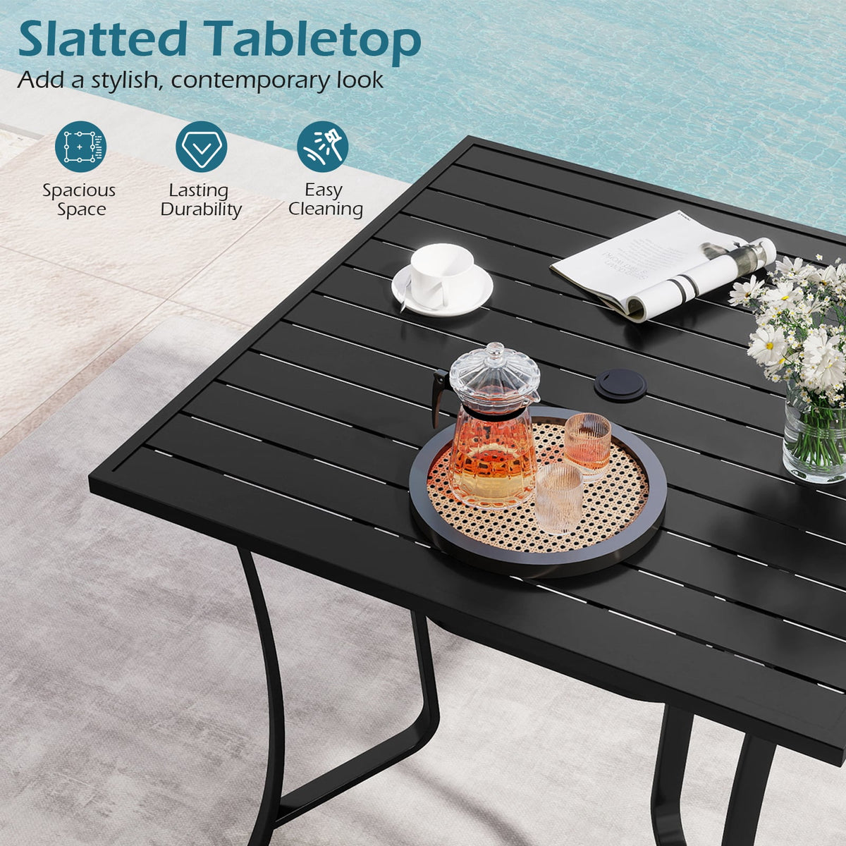 36 Inch Square Patio Table for 4 Metal Dining Table with Umbrella Hole-Black-Patio Dining Tables-DECOROLALA