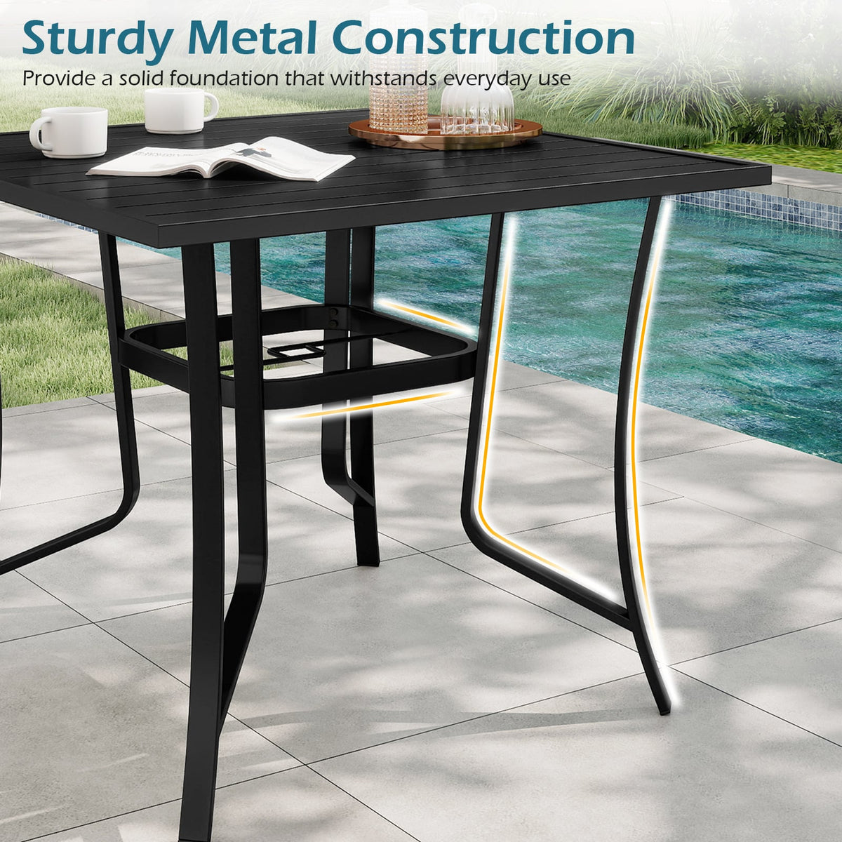 36 Inch Square Patio Table for 4 Metal Dining Table with Umbrella Hole-Black-Patio Dining Tables-DECOROLALA
