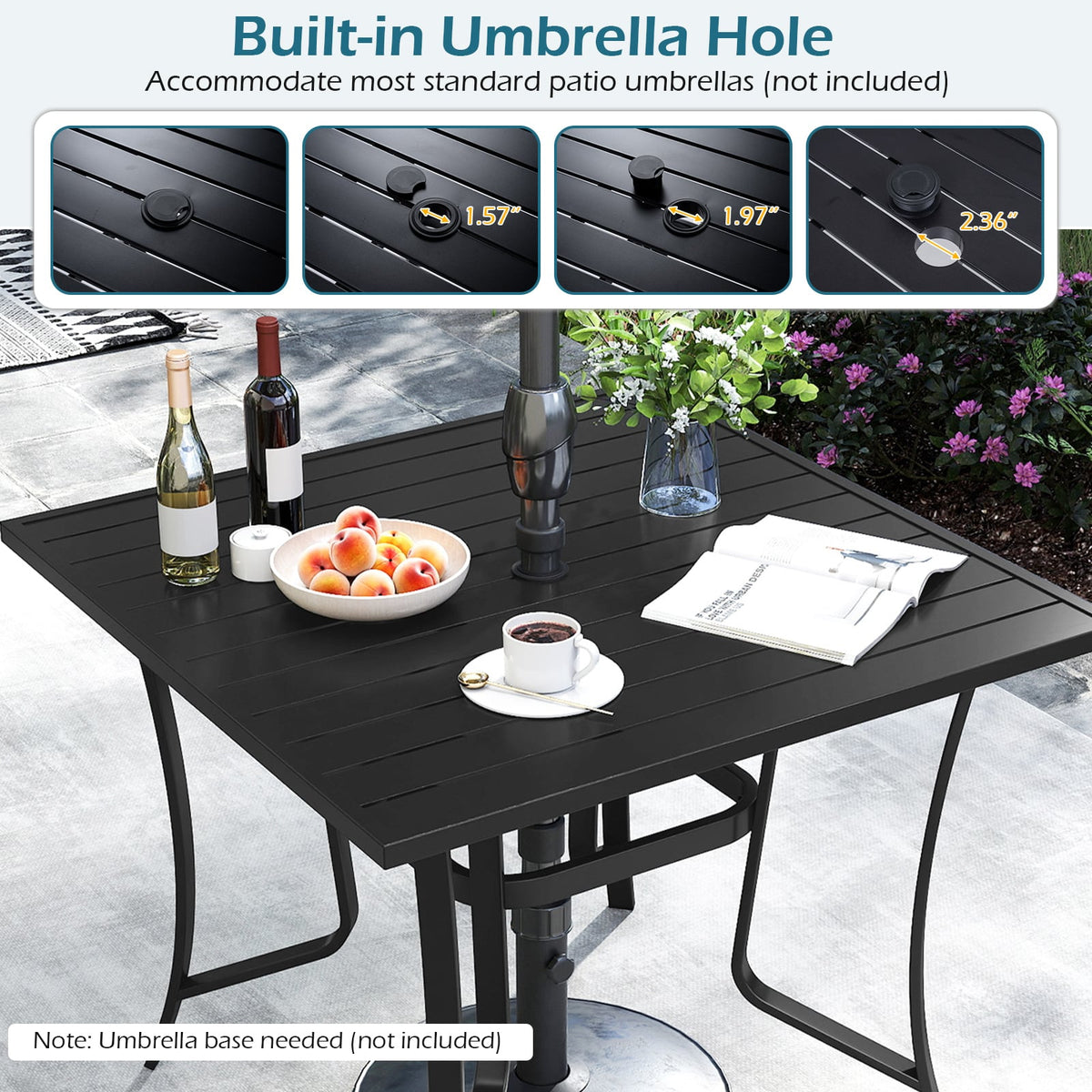 36 Inch Square Patio Table for 4 Metal Dining Table with Umbrella Hole-Black-Patio Dining Tables-DECOROLALA