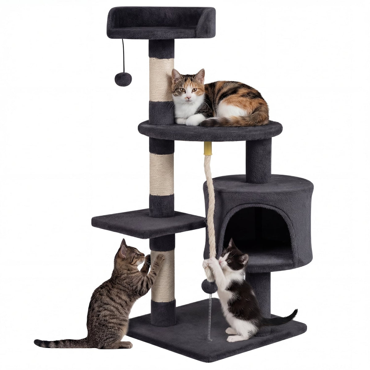36 Inch Tall Kitten Tower with Condo and Plush Perch-Dark Gray-Cat Trees & Scratchers-DECOROLALA