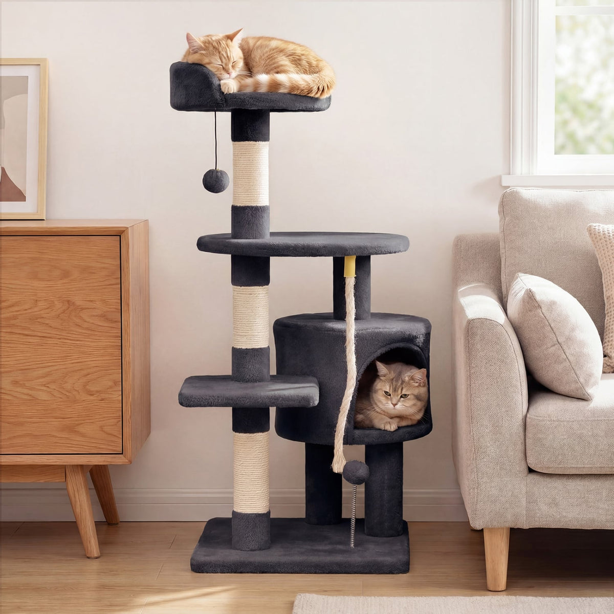 36 Inch Tall Kitten Tower with Condo and Plush Perch-Dark Gray-Cat Trees & Scratchers-DECOROLALA
