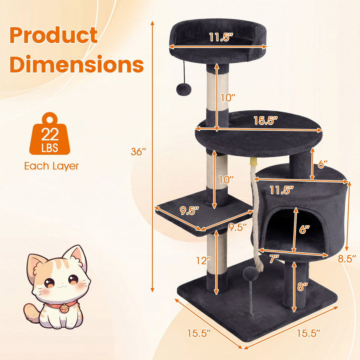36 Inch Tall Kitten Tower with Condo and Plush Perch-Dark Gray-Cat Trees & Scratchers-DECOROLALA