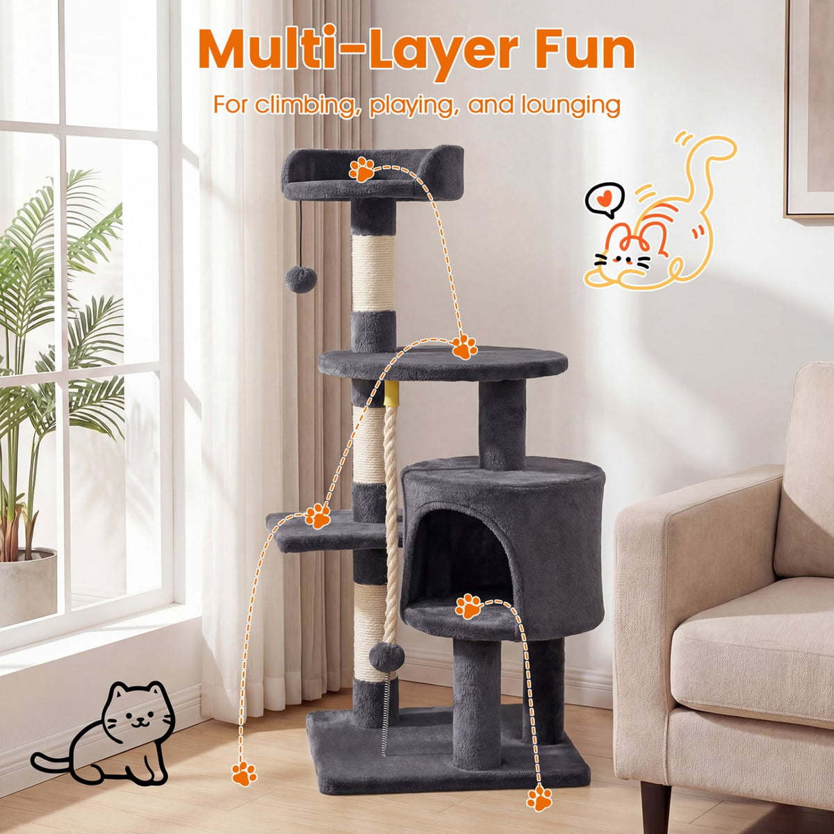 36 Inch Tall Kitten Tower with Condo and Plush Perch-Dark Gray-Cat Trees & Scratchers-DECOROLALA