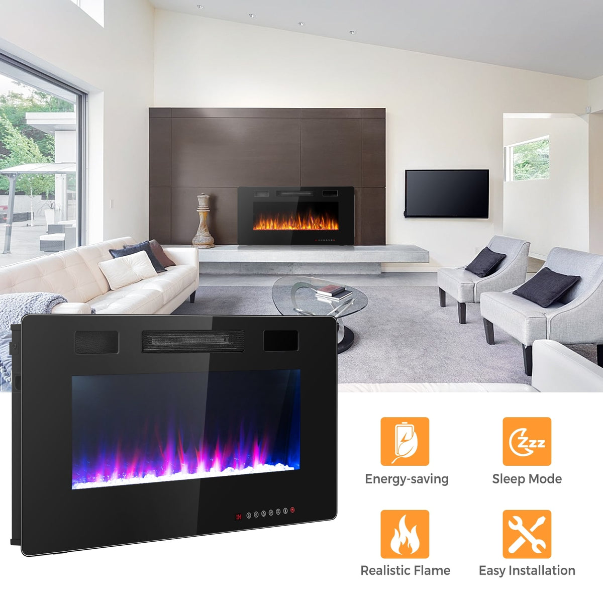 36 Inch Ultra Thin Wall Mounted Electric Fireplace-Fireplaces-DECOROLALA