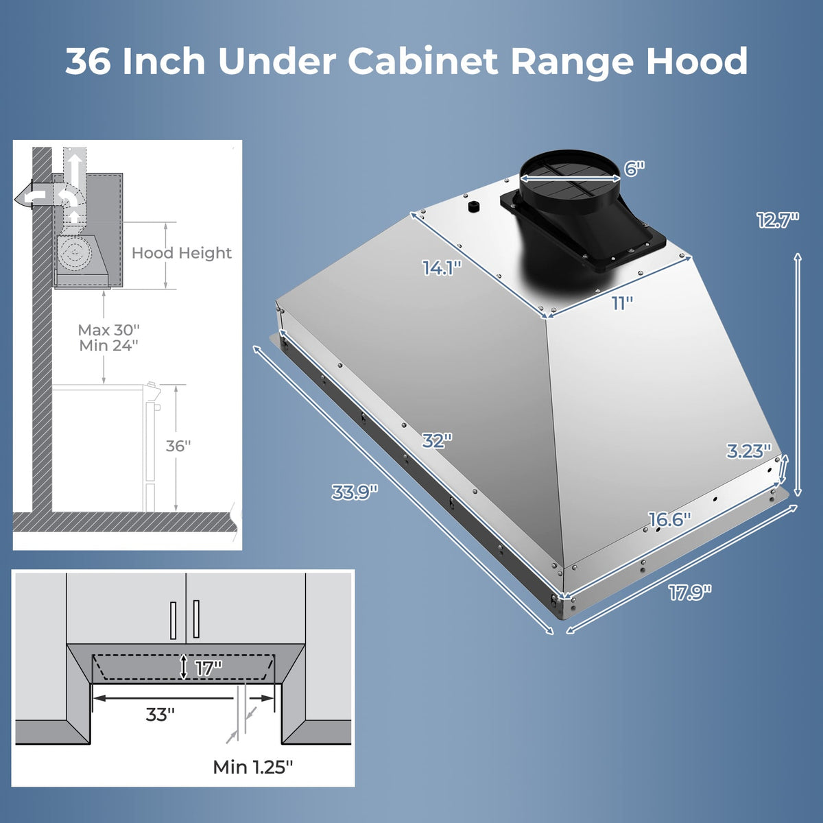 36 Inch Under Cabinet Range Hood with 4 Fan Speeds and Baffles Filters-Silver-Kitchen Appliances-DECOROLALA