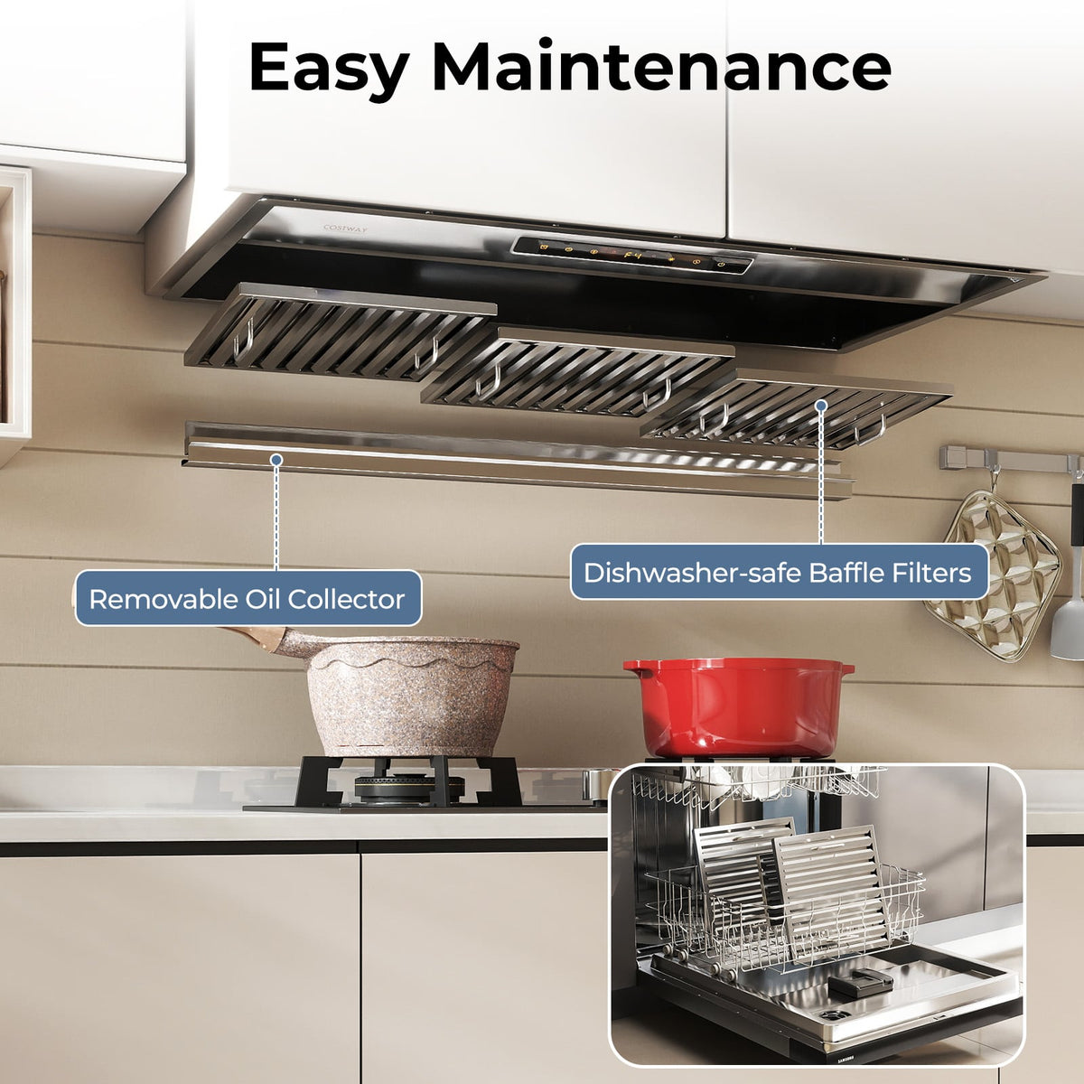 36 Inch Under Cabinet Range Hood with 4 Fan Speeds and Baffles Filters-Silver-Kitchen Appliances-DECOROLALA