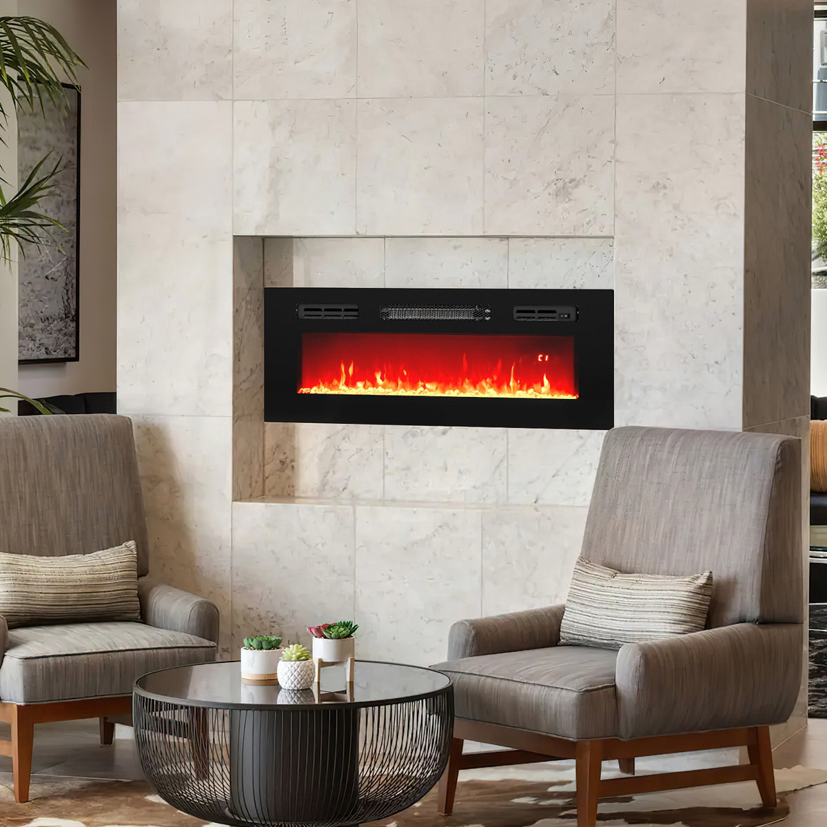 36 Inches Electric Fireplace Heater Recessed with LED Strip Lights and Remote Control-Fireplaces-DECOROLALA