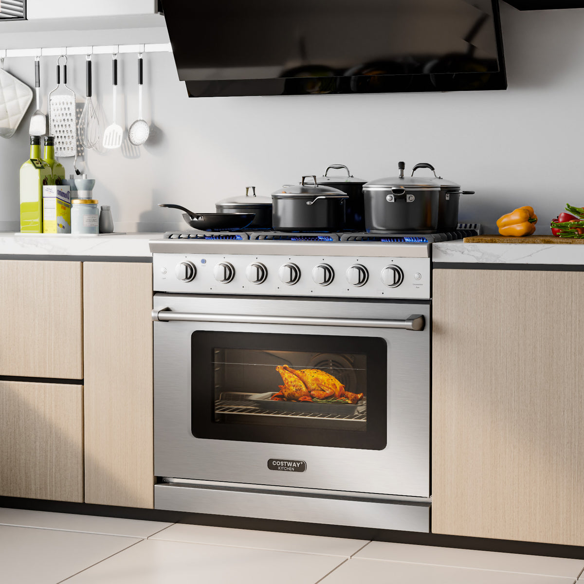 36 Inches Freestanding Natural Gas Range with 6 Burners Cooktop-Food Warmers & Burners-DECOROLALA