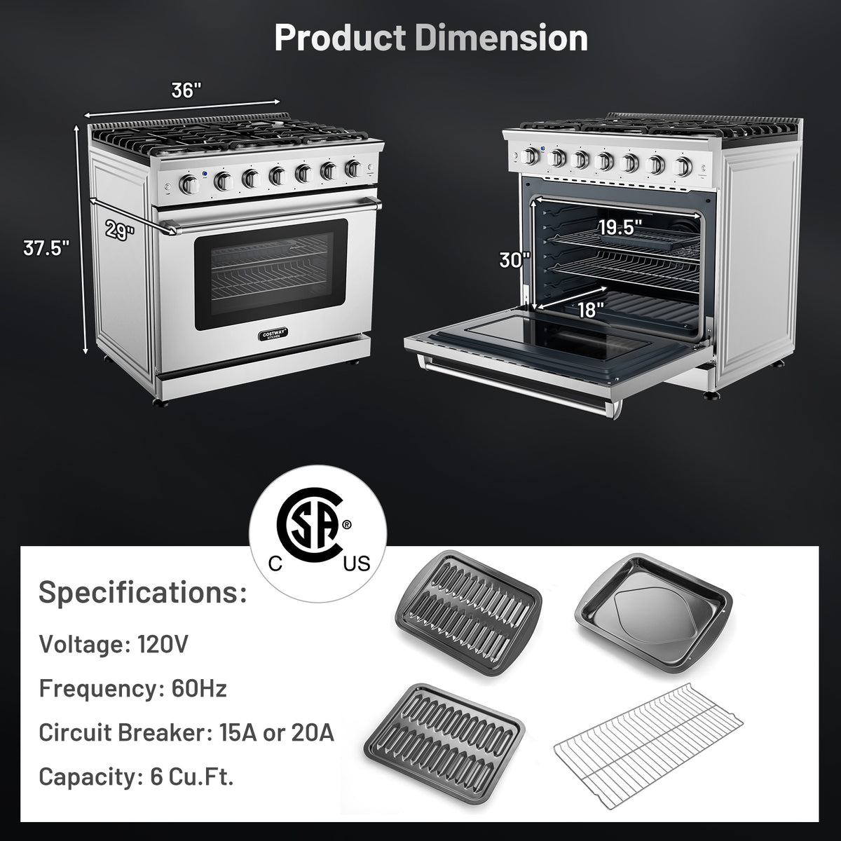 36 Inches Freestanding Natural Gas Range with 6 Burners Cooktop-Food Warmers & Burners-DECOROLALA