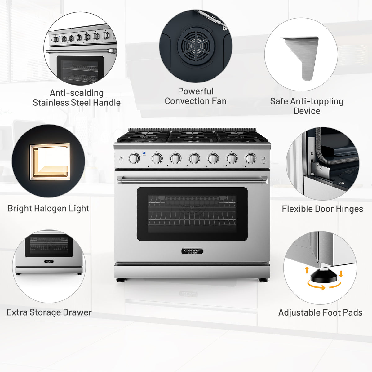 36 Inches Freestanding Natural Gas Range with 6 Burners Cooktop-Food Warmers & Burners-DECOROLALA