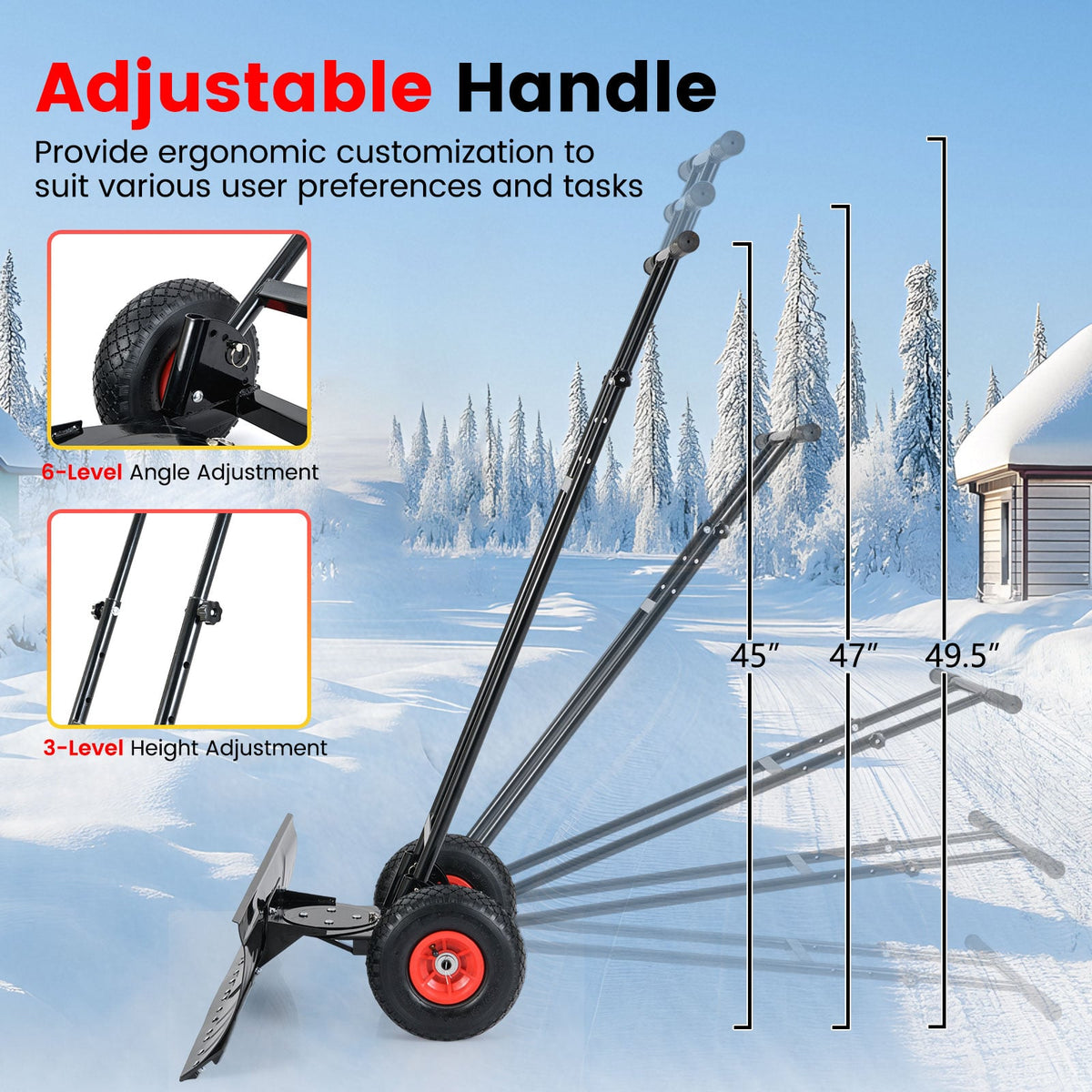 36 Inches Snow Shovel with Wheels and Adjustable Angle-Black-Snow Removal-DECOROLALA
