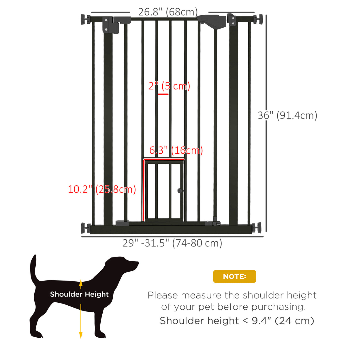 36" Indoor Steel Dog Gate with Cat Door - Black 29"-31.5" W-Dogs-DECOROLALA