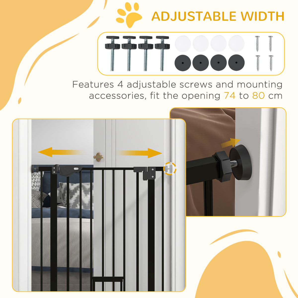 36" Indoor Steel Dog Gate with Cat Door - Black 29"-31.5" W-Dogs-DECOROLALA