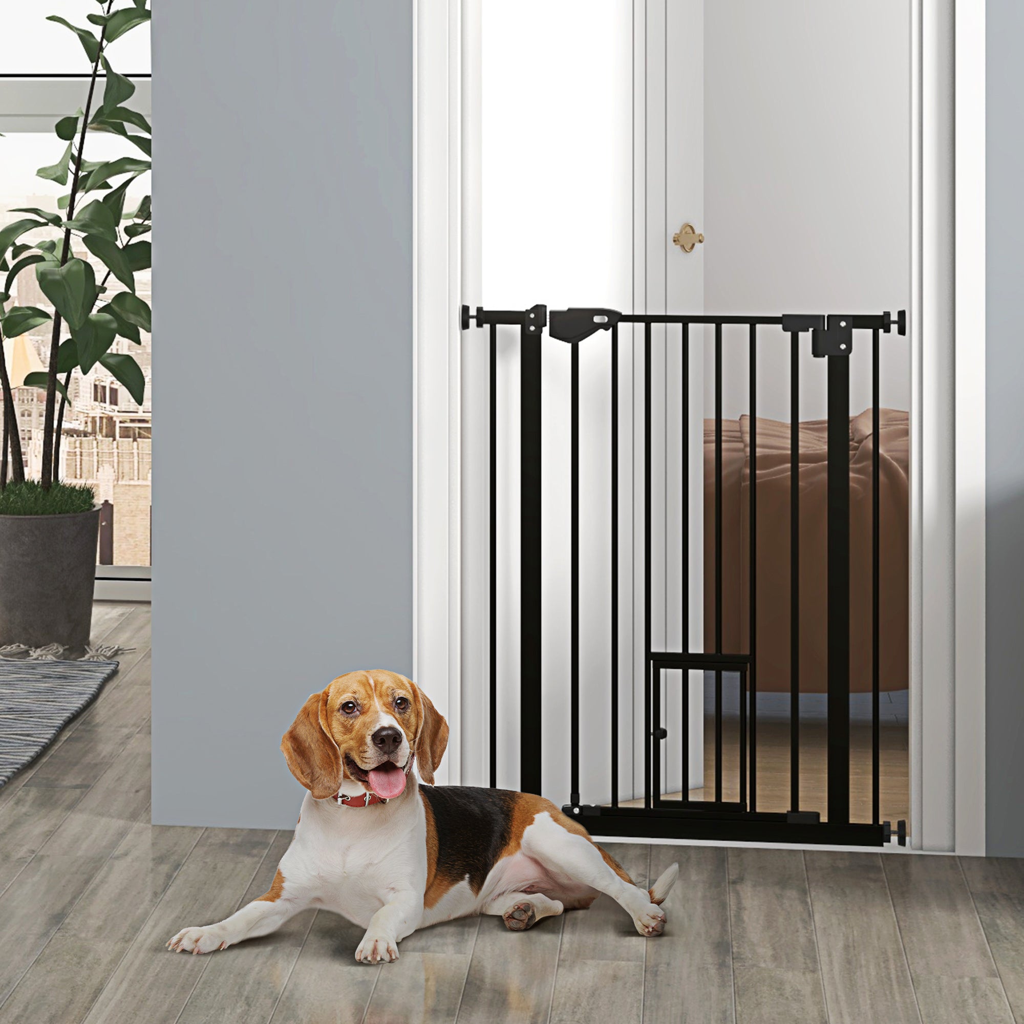 36" Indoor Steel Dog Gate with Cat Door - Black 29"-31.5" W-Dogs-DECOROLALA