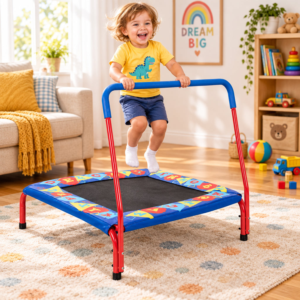 36" Kids Square Trampoline with Foamed Handrail - Blue-Trampolines-DECOROLALA
