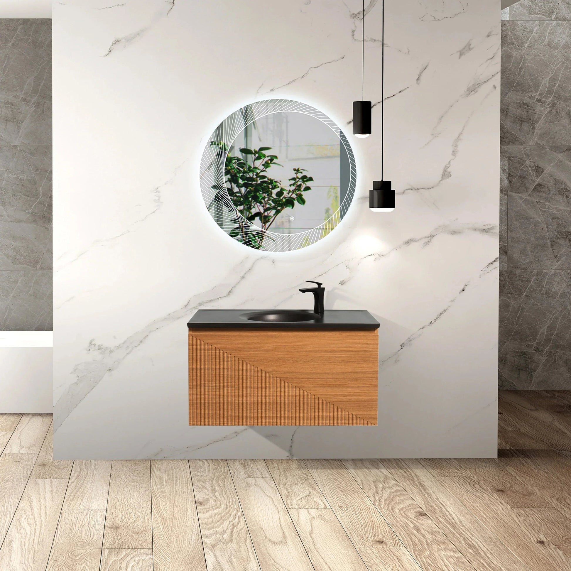 36" Light Oak Wall Mount Bathroom Vanity with Black Engineered Quartz Countertop-Migration_Bathroom Vanities-DECOROLALA