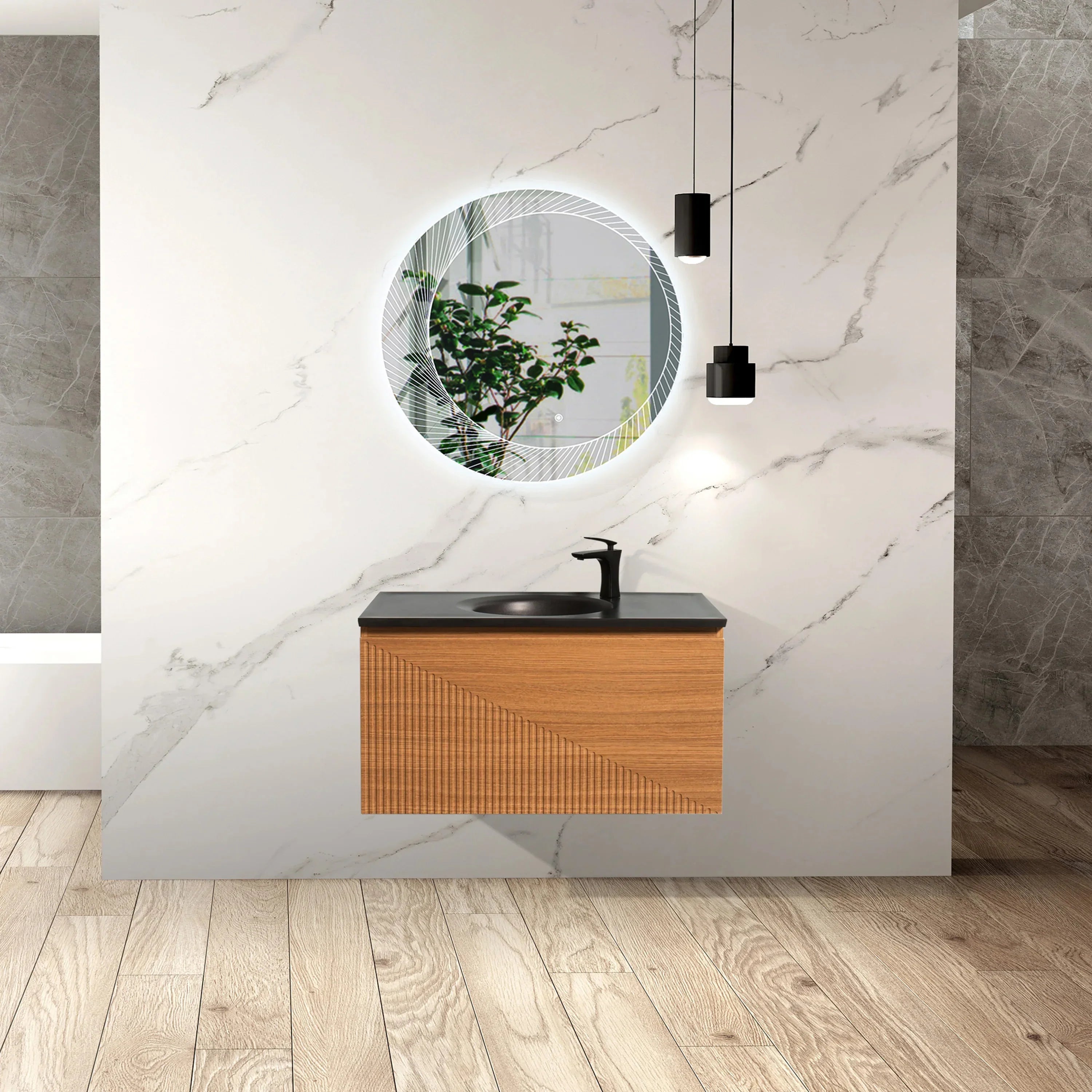 36" Light Oak Wall Mount Bathroom Vanity with Black Engineered Quartz Countertop-Migration_Bathroom Vanities-DECOROLALA