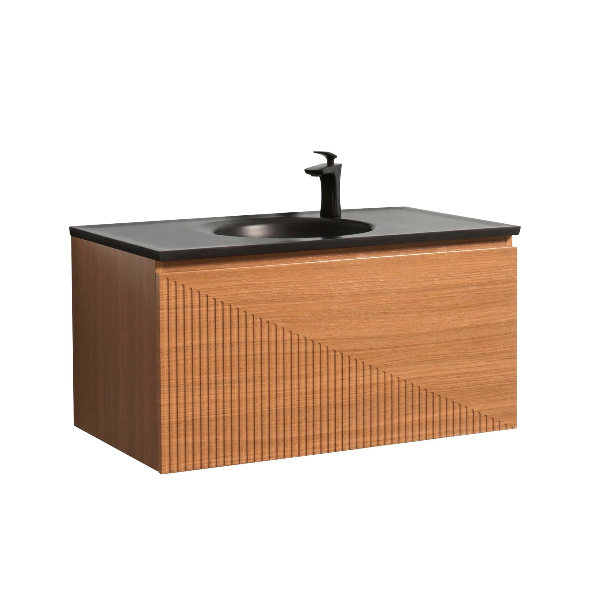 36" Light Oak Wall Mount Bathroom Vanity with Black Engineered Quartz Countertop-Migration_Bathroom Vanities-DECOROLALA
