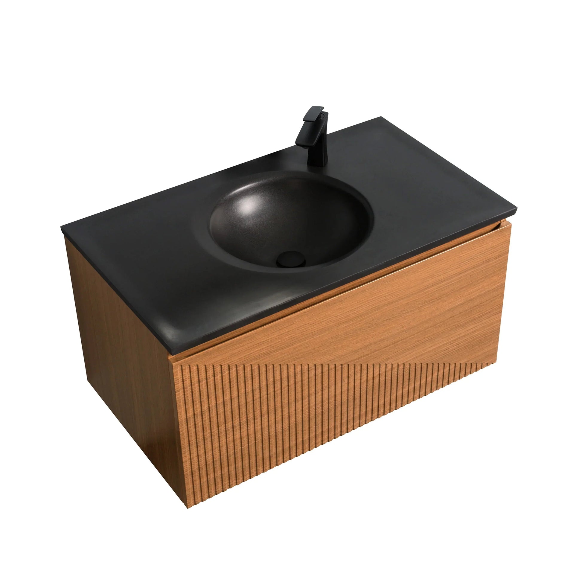 36" Light Oak Wall Mount Bathroom Vanity with Black Engineered Quartz Countertop-Migration_Bathroom Vanities-DECOROLALA