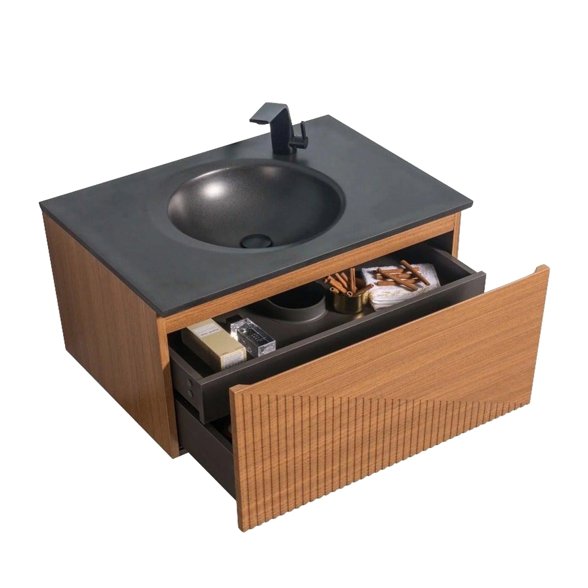 36" Light Oak Wall Mount Bathroom Vanity with Black Engineered Quartz Countertop-Migration_Bathroom Vanities-DECOROLALA