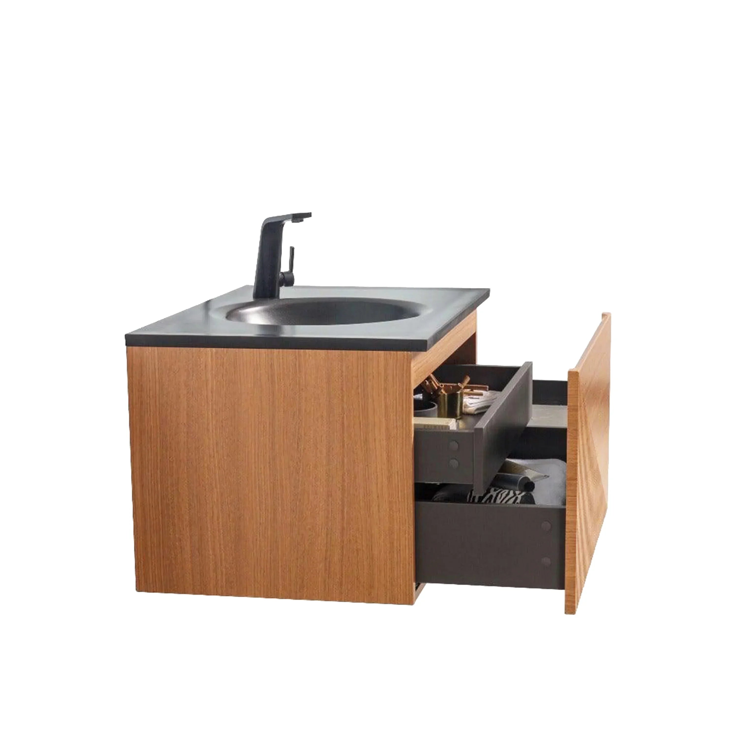 36" Light Oak Wall Mount Bathroom Vanity with Black Engineered Quartz Countertop-Migration_Bathroom Vanities-DECOROLALA