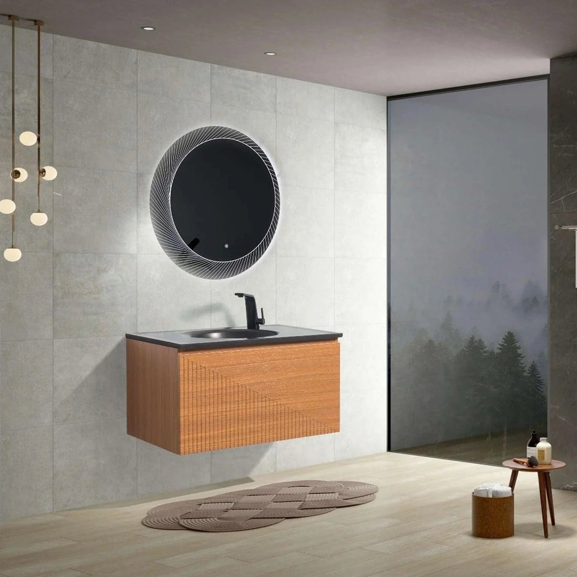 36" Light Oak Wall Mount Bathroom Vanity with Black Engineered Quartz Countertop-Migration_Bathroom Vanities-DECOROLALA