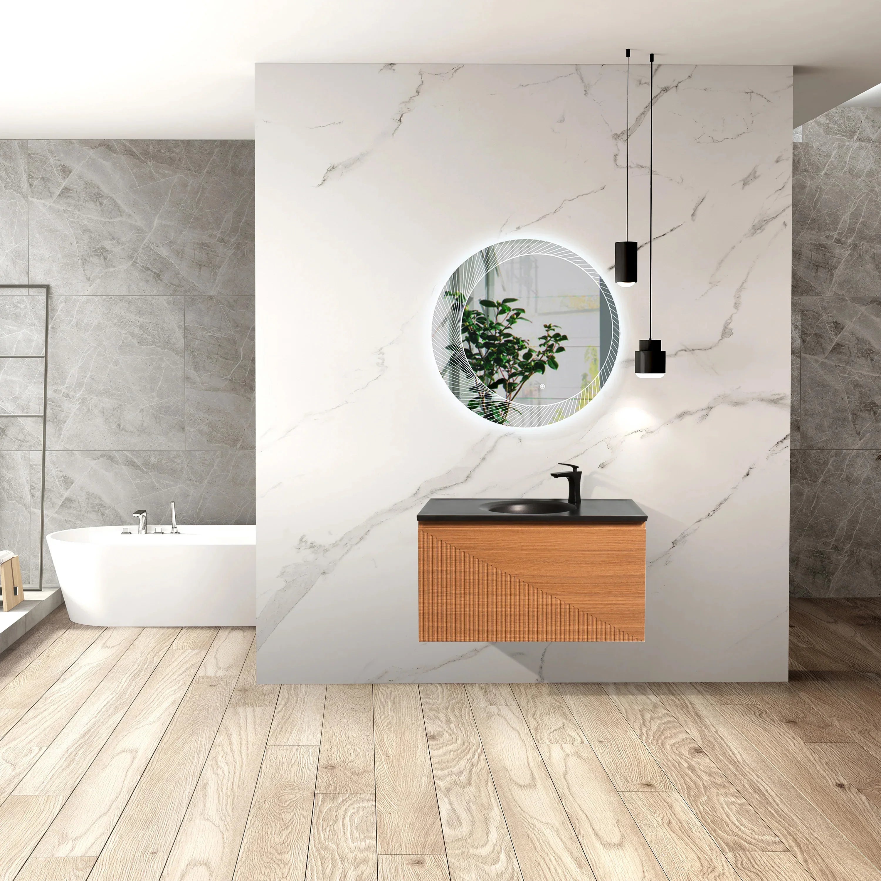 36" Light Oak Wall Mount Bathroom Vanity with Black Engineered Quartz Countertop-Migration_Bathroom Vanities-DECOROLALA