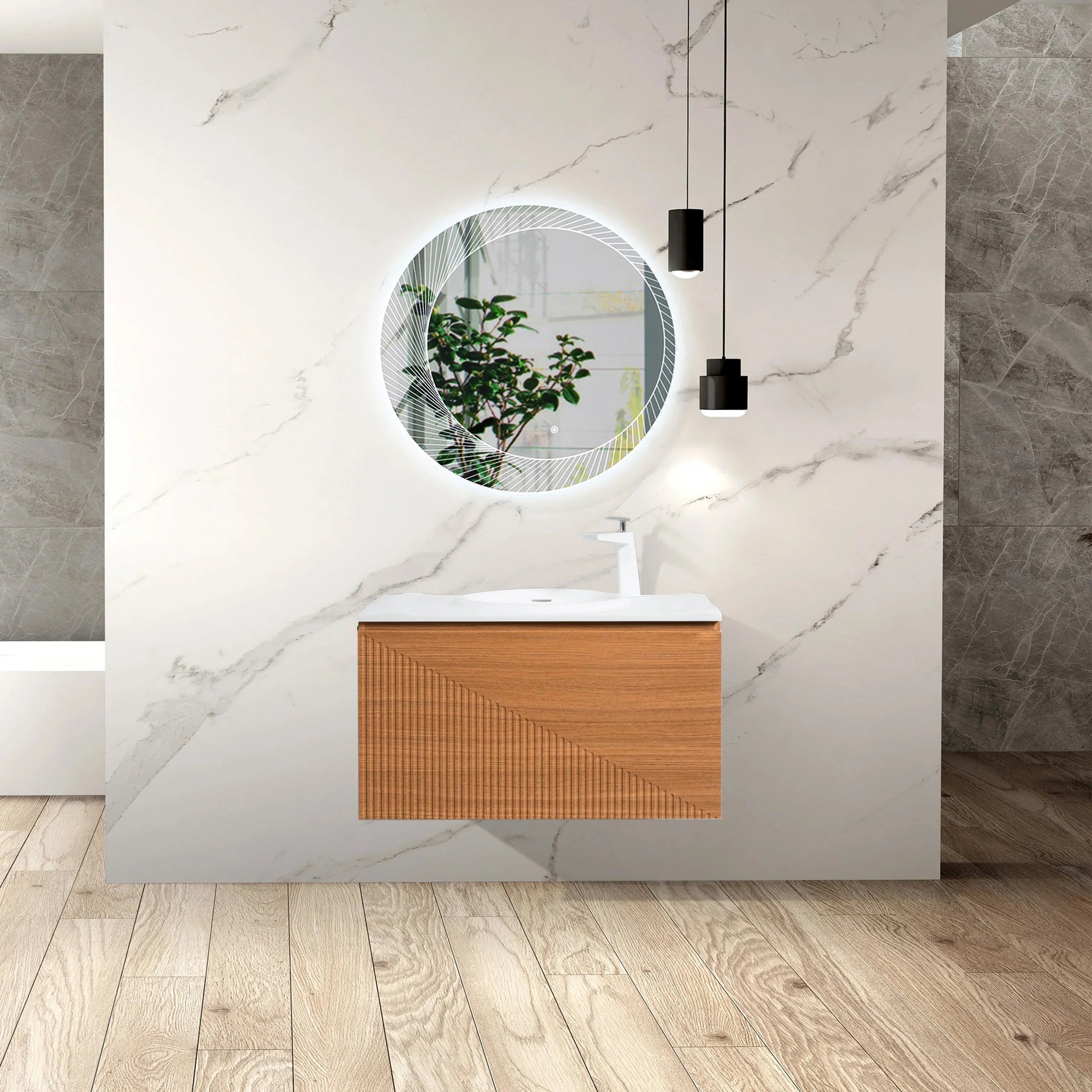 36" Light Oak Wall Mount Bathroom Vanity with White Solid Surface Countertop-Migration_Bathroom Vanities-DECOROLALA
