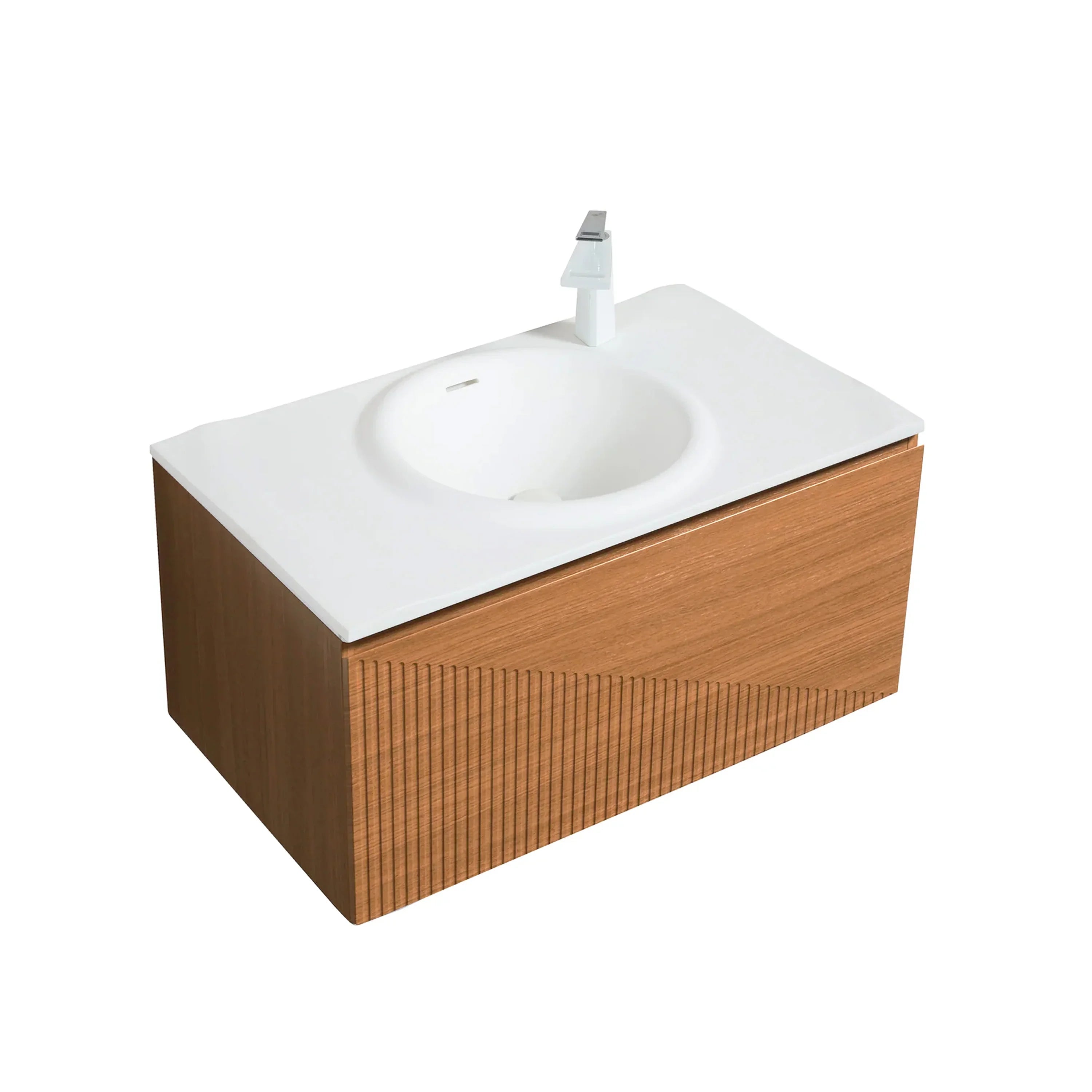 36" Light Oak Wall Mount Bathroom Vanity with White Solid Surface Countertop-Migration_Bathroom Vanities-DECOROLALA