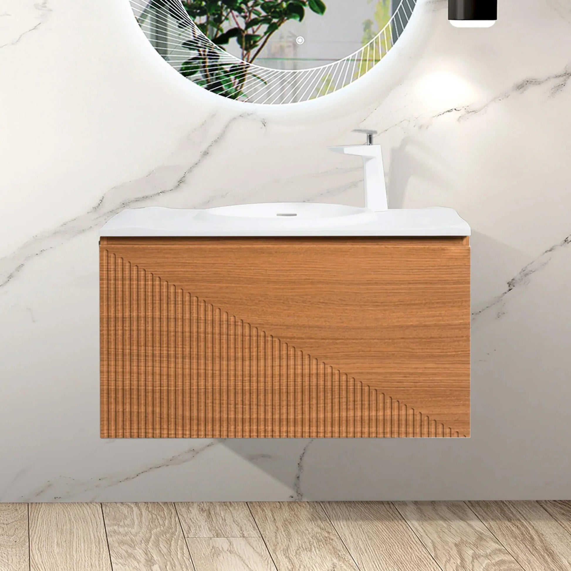 36" Light Oak Wall Mount Bathroom Vanity with White Solid Surface Countertop-Migration_Bathroom Vanities-DECOROLALA