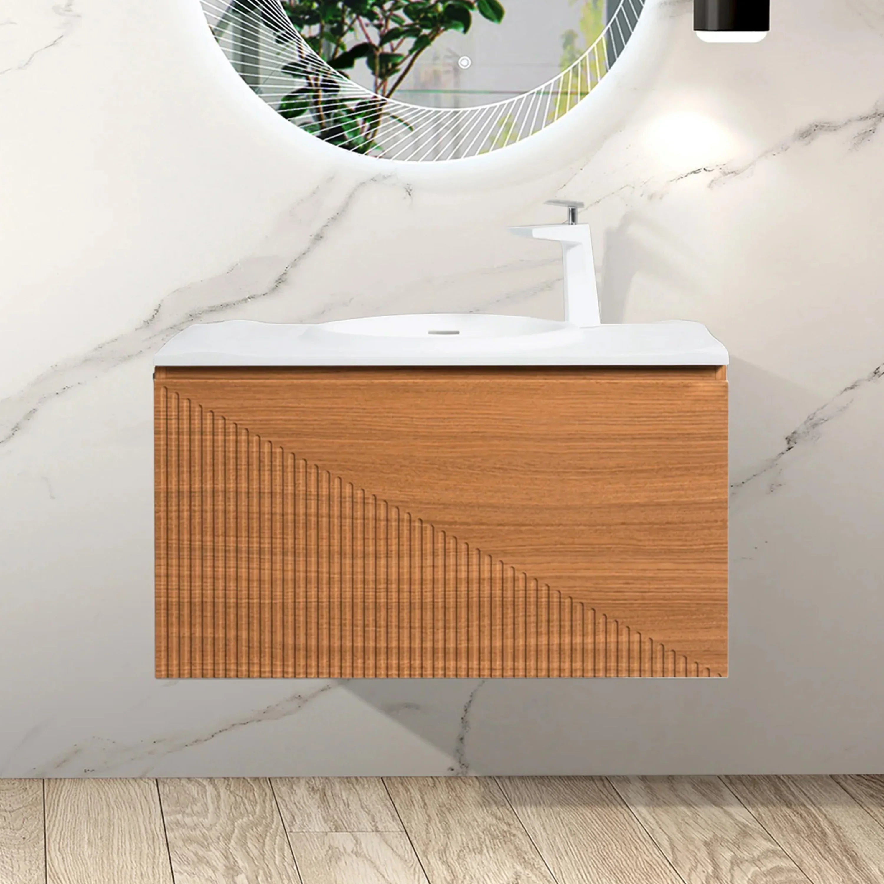 36" Light Oak Wall Mount Bathroom Vanity with White Solid Surface Countertop-Migration_Bathroom Vanities-DECOROLALA