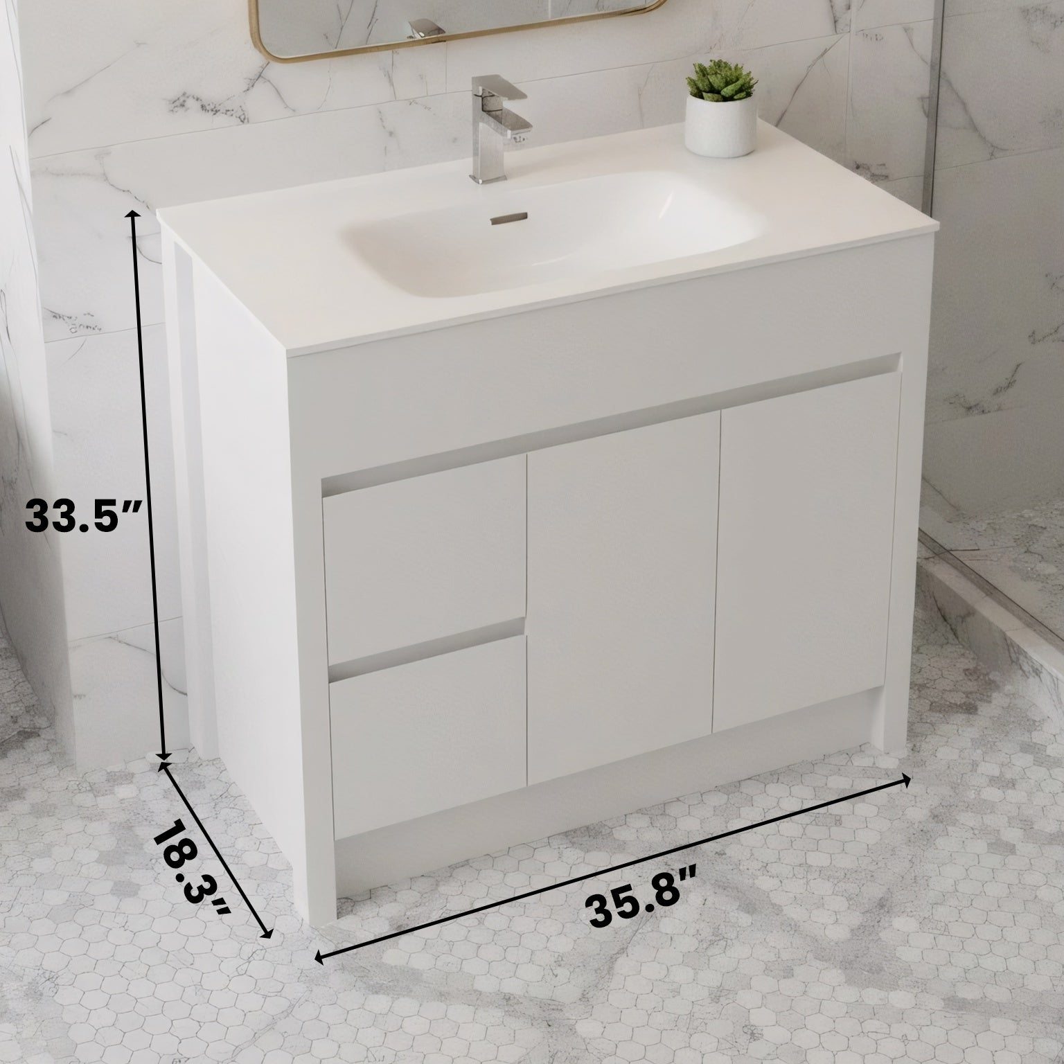 36" Matte White Freestanding Single Sink Bathroom Vanity with White Ceramic Countertop-Migration_Bathroom Vanities-DECOROLALA