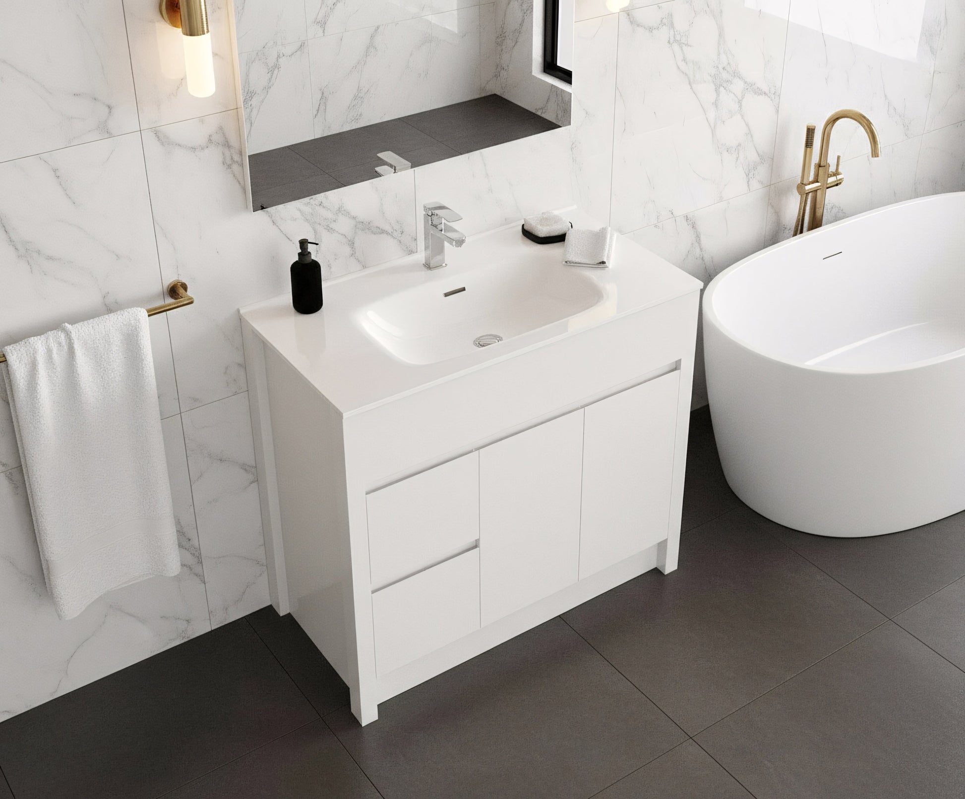 36" Matte White Freestanding Single Sink Bathroom Vanity with White Ceramic Countertop-Migration_Bathroom Vanities-DECOROLALA