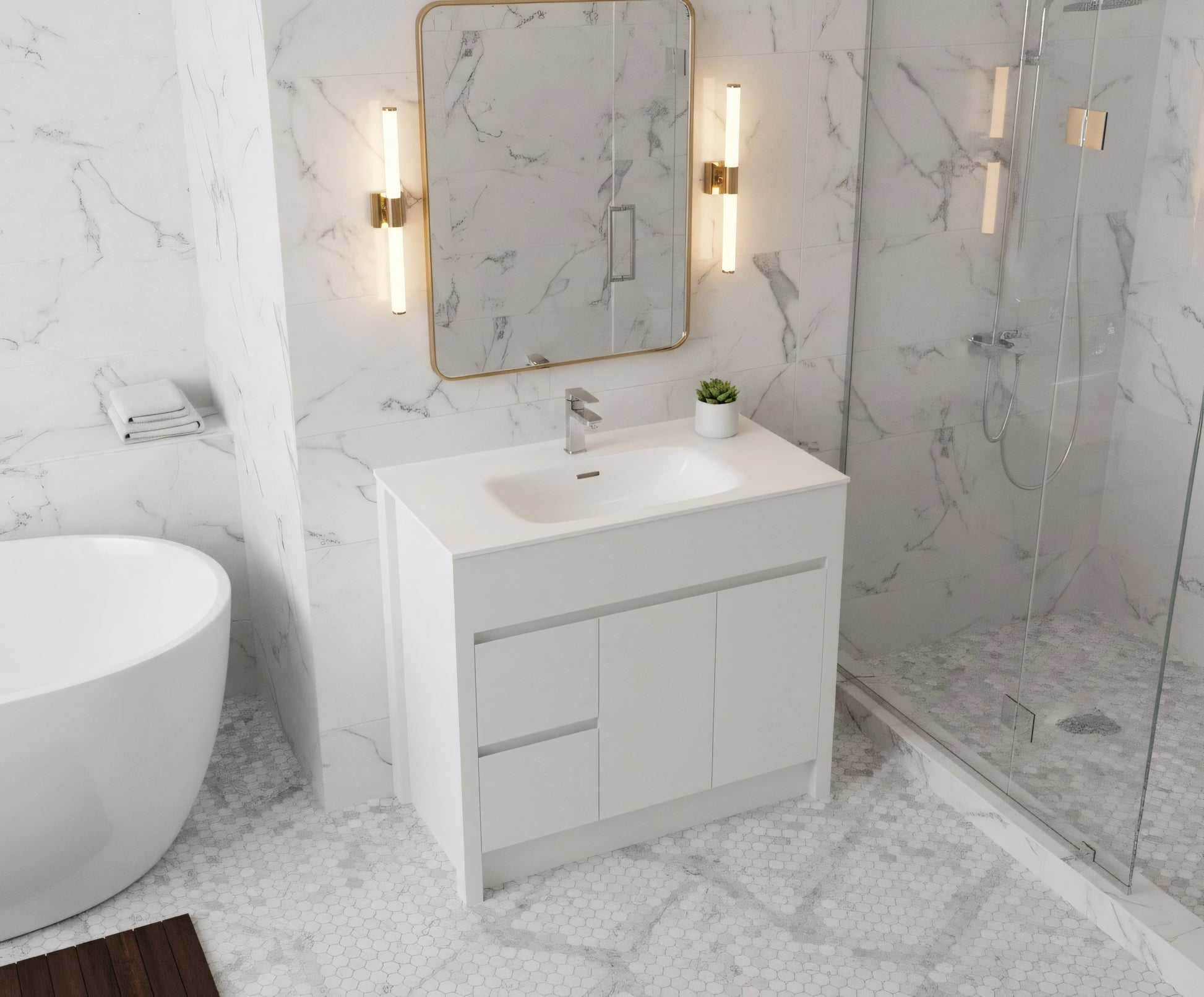 36" Matte White Freestanding Single Sink Bathroom Vanity with White Ceramic Countertop-Migration_Bathroom Vanities-DECOROLALA