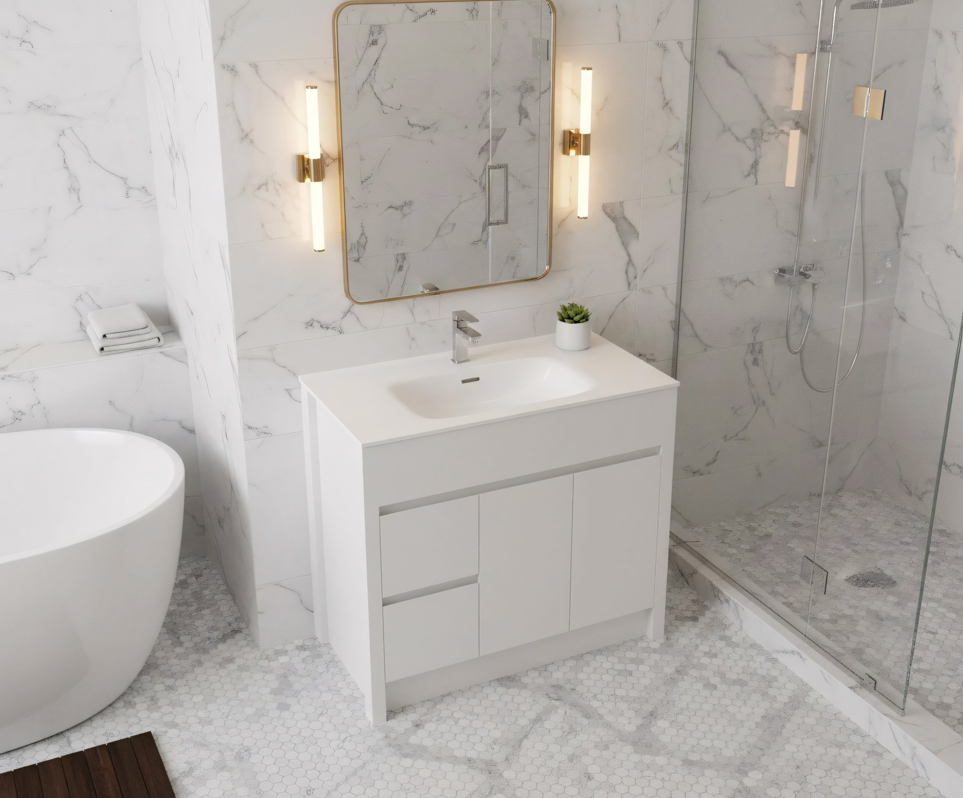 36" Matte White Freestanding Single Sink Bathroom Vanity with White Ceramic Countertop-Migration_Bathroom Vanities-DECOROLALA