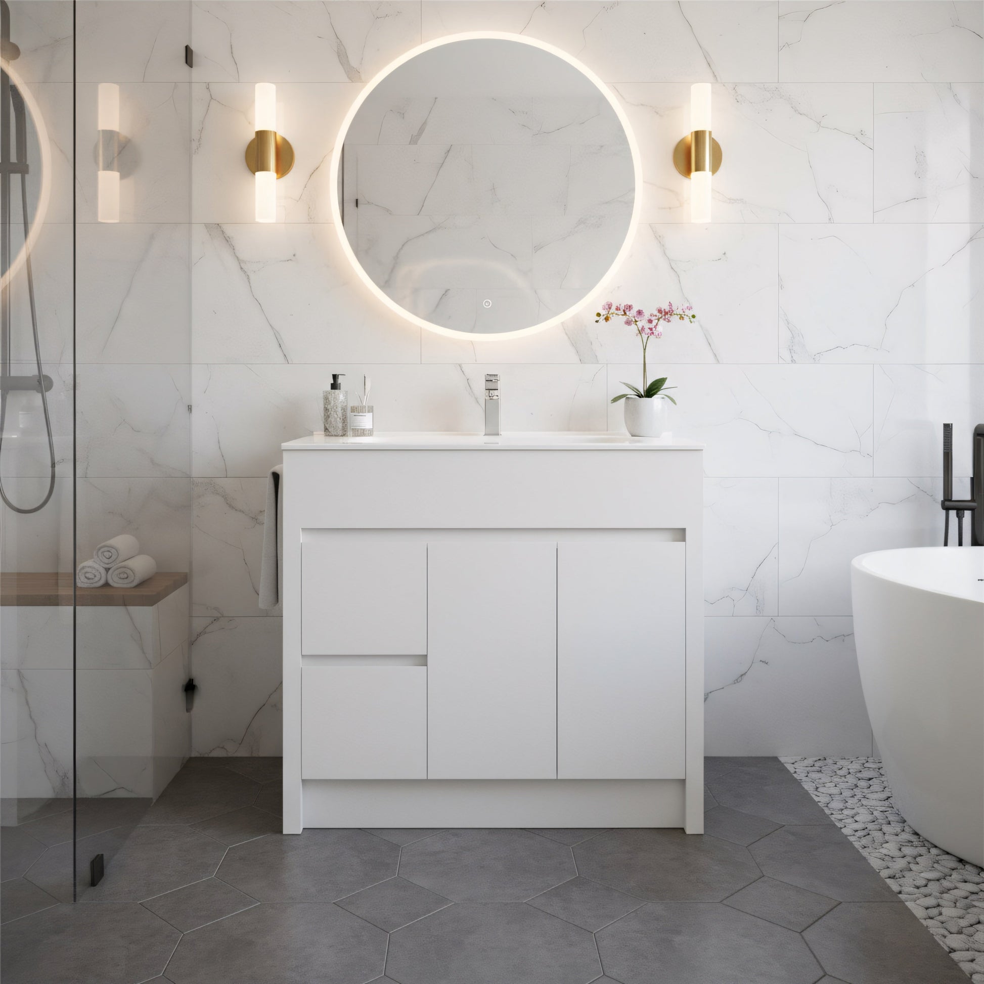 36" Matte White Freestanding Single Sink Bathroom Vanity with White Ceramic Countertop-Migration_Bathroom Vanities-DECOROLALA