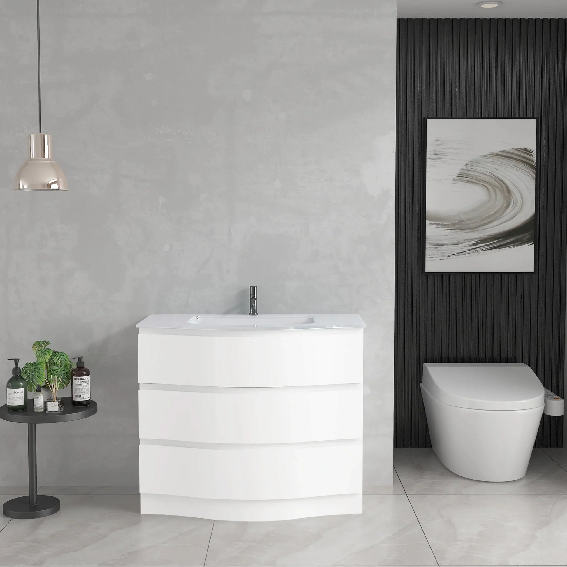 36" Matte White Freestanding Single Sink Bathroom Vanity with White Glass Countertop-Migration_Bathroom Vanities-DECOROLALA