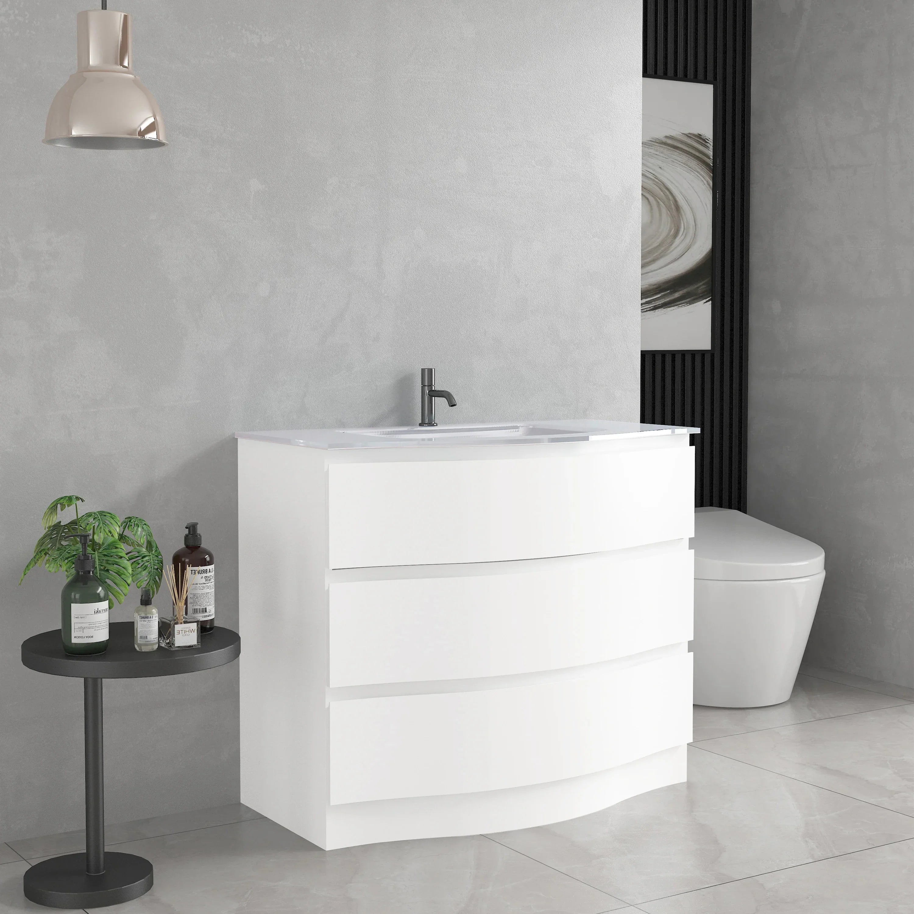 36" Matte White Freestanding Single Sink Bathroom Vanity with White Glass Countertop-Migration_Bathroom Vanities-DECOROLALA