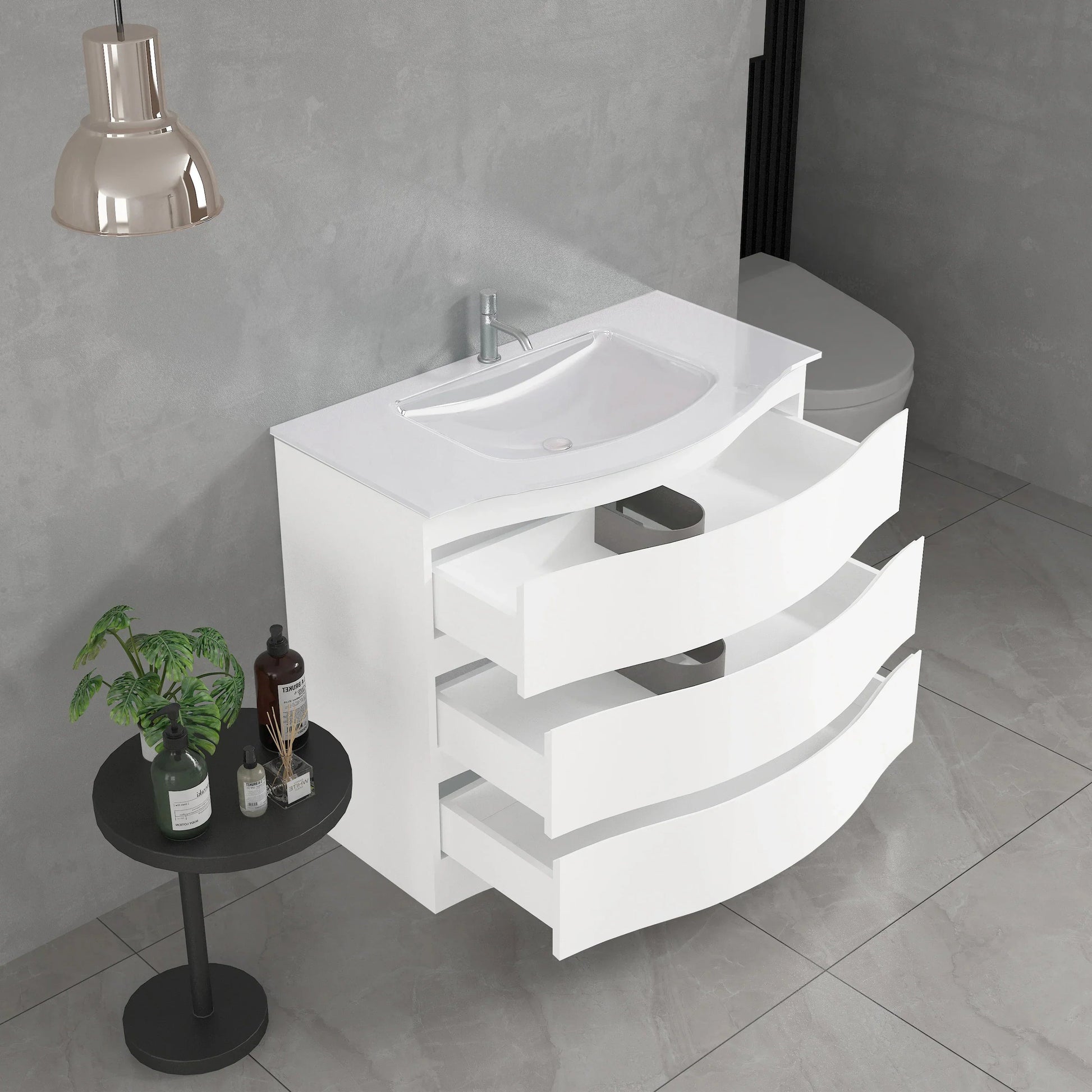 36" Matte White Freestanding Single Sink Bathroom Vanity with White Glass Countertop-Migration_Bathroom Vanities-DECOROLALA