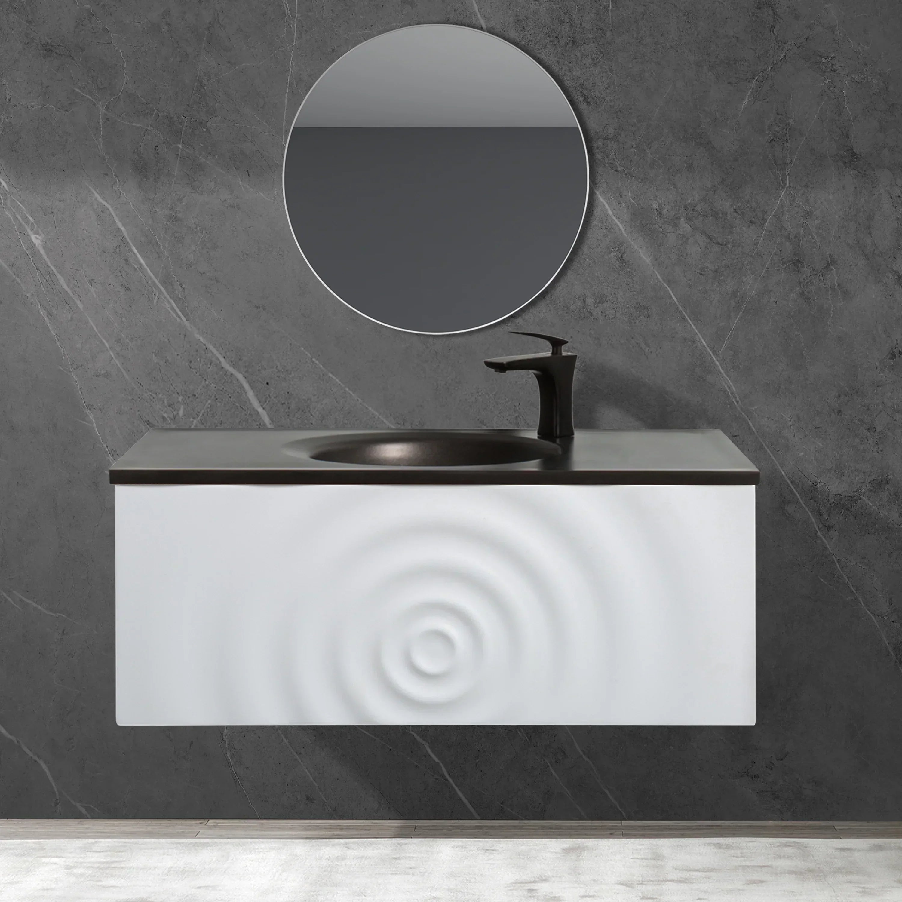 36" Matte White Wall Mount Bathroom Vanity with Black Engineered Quartz Countertop-Migration_Bathroom Vanities-DECOROLALA