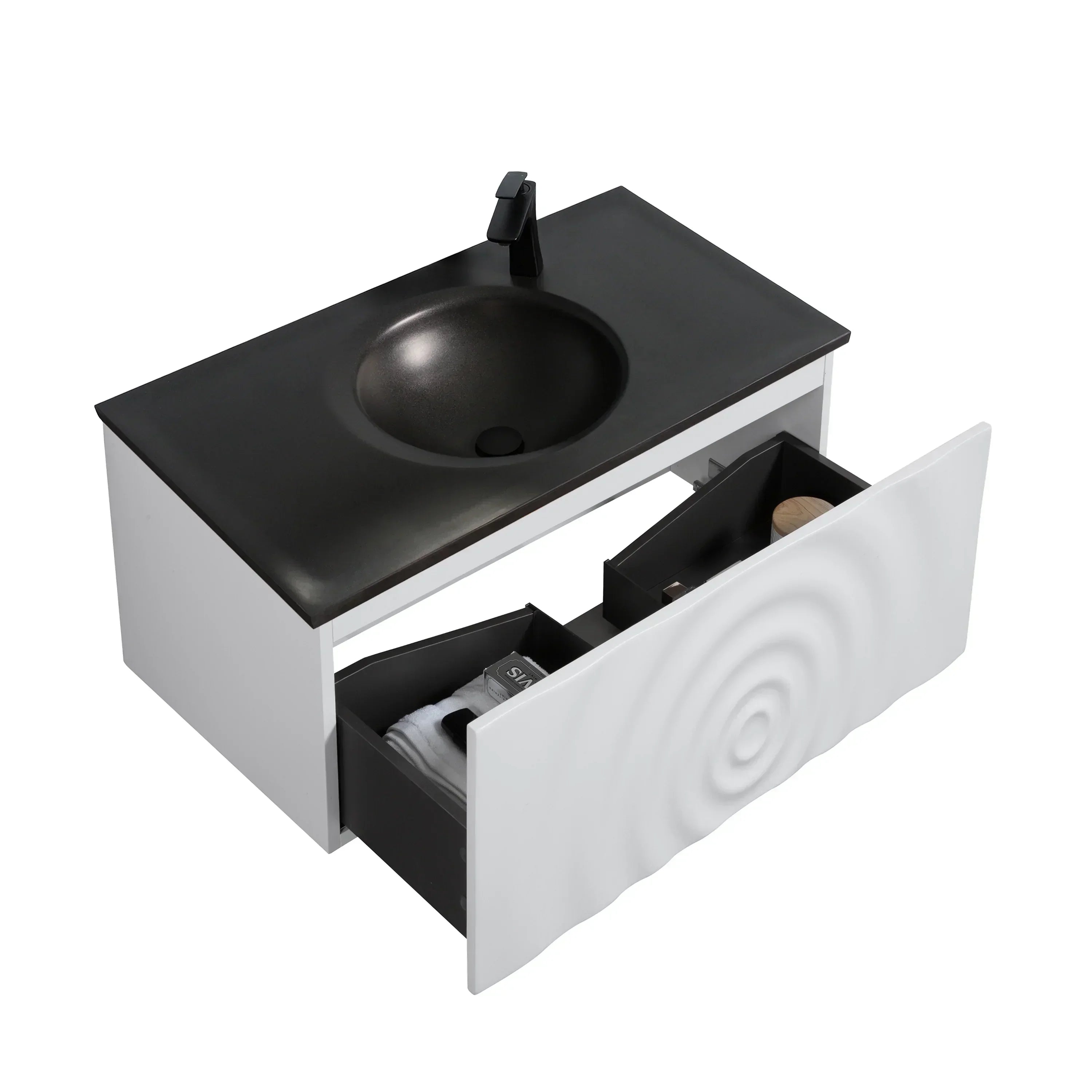 36" Matte White Wall Mount Bathroom Vanity with Black Engineered Quartz Countertop-Migration_Bathroom Vanities-DECOROLALA