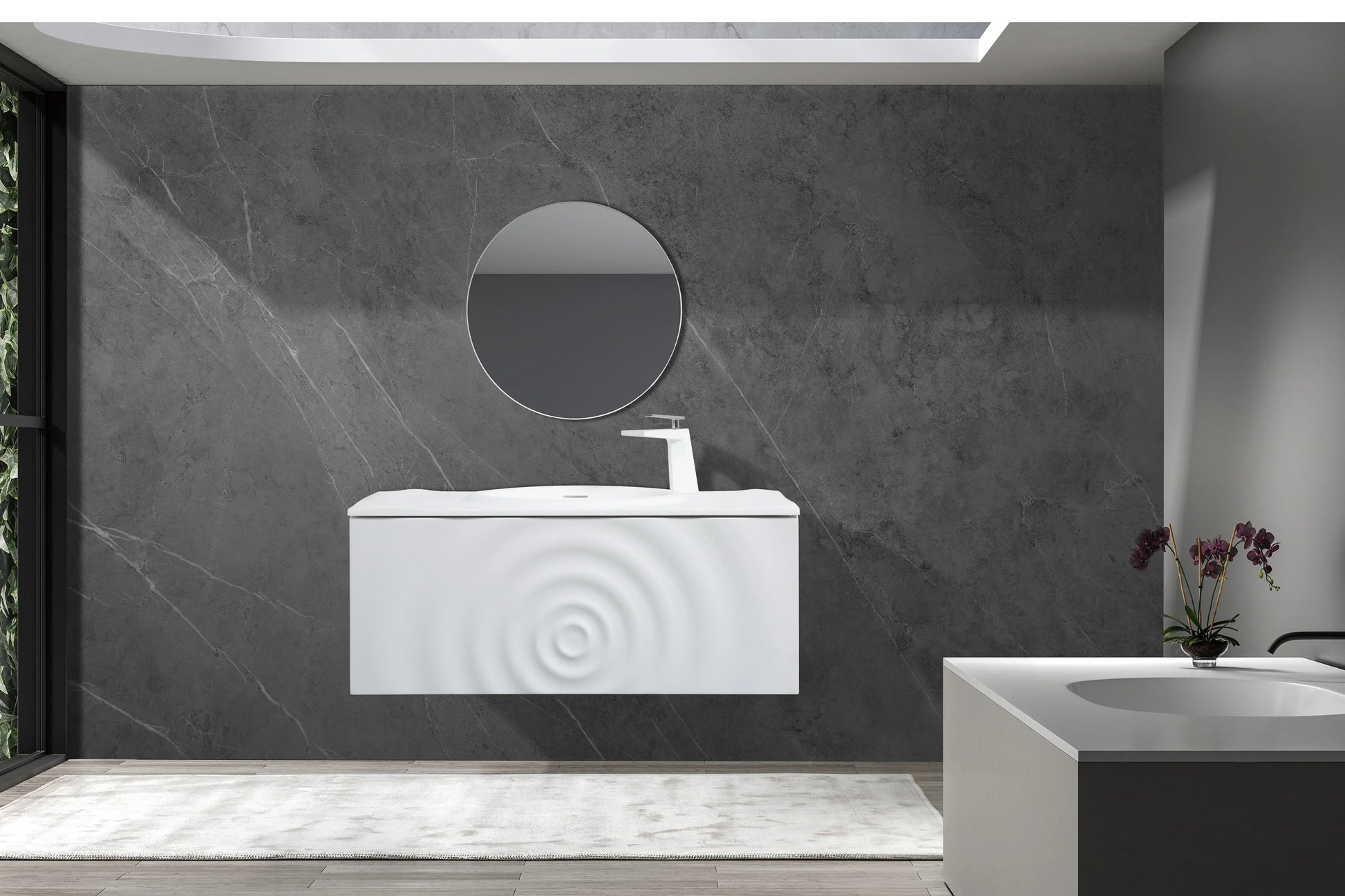 36" Matte White Wall Mount Bathroom Vanity with Matte White Solid Surface Countertop-Migration_Bathroom Vanities-DECOROLALA