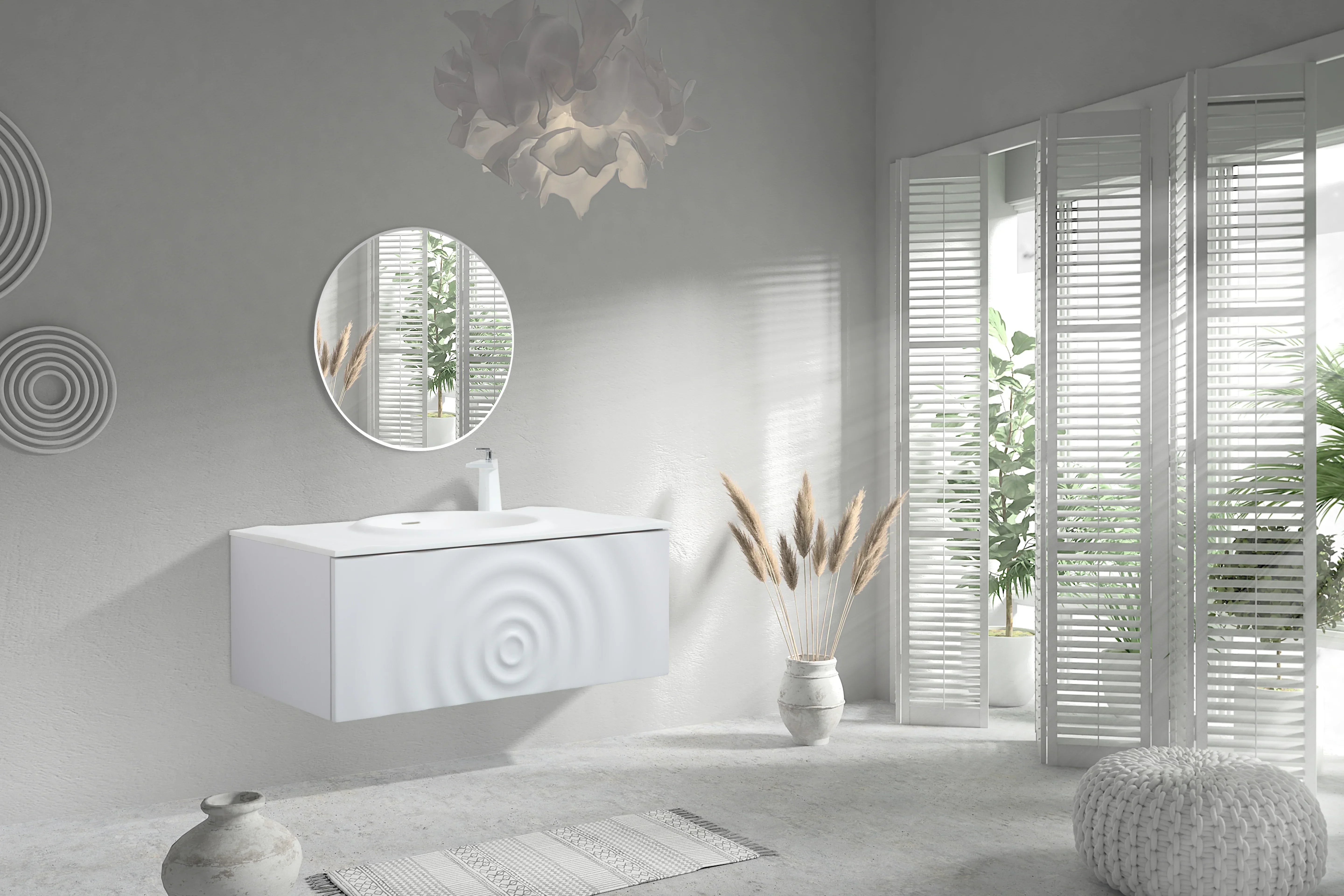 36" Matte White Wall Mount Bathroom Vanity with Matte White Solid Surface Countertop-Migration_Bathroom Vanities-DECOROLALA